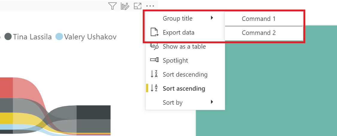 Screenshot that shows a Power BI visual with two commands added under new submenu.
