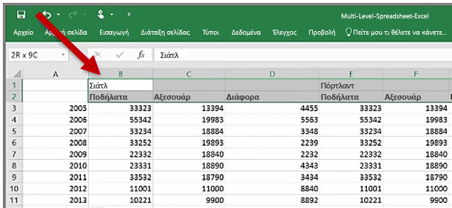Υπολογιστικό φύλλο του Excel με κεφαλίδες που εκτείνονται σε πολλές στήλες.