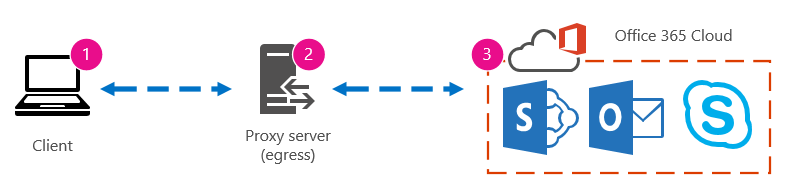 A basic network graphic showing client, proxy, and Office 365 cloud.