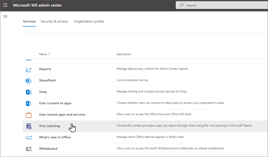 Settings page in the Microsoft 365 admin center showing the Learning app listed.