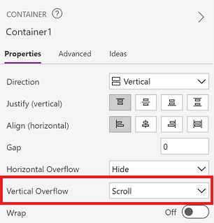 Η ιδιότητα Vertical Overflow του κοντέινερ έχει οριστεί σε Κύλιση.