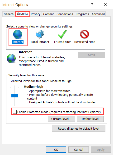 Στιγμιότυπο οθόνης της καρτέλας ασφαλείας στις επιλογές Internet Explorer.