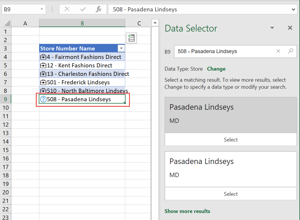 Screenshot of Excel Data Selector pane.