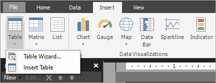 Screenshot of table, matrix, and list buttons in Report Builder.