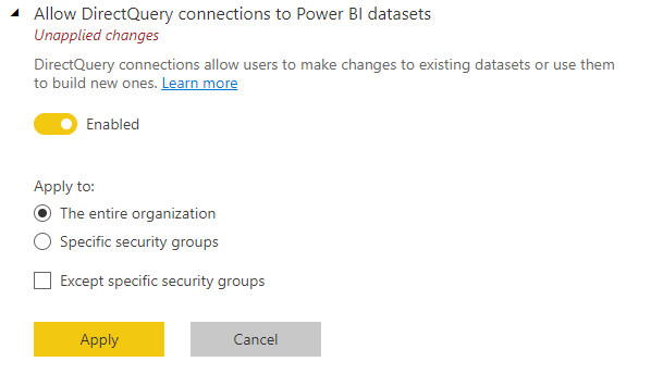 Admin setting to enable or disable DirectQuery connections to Power BI semantic models.