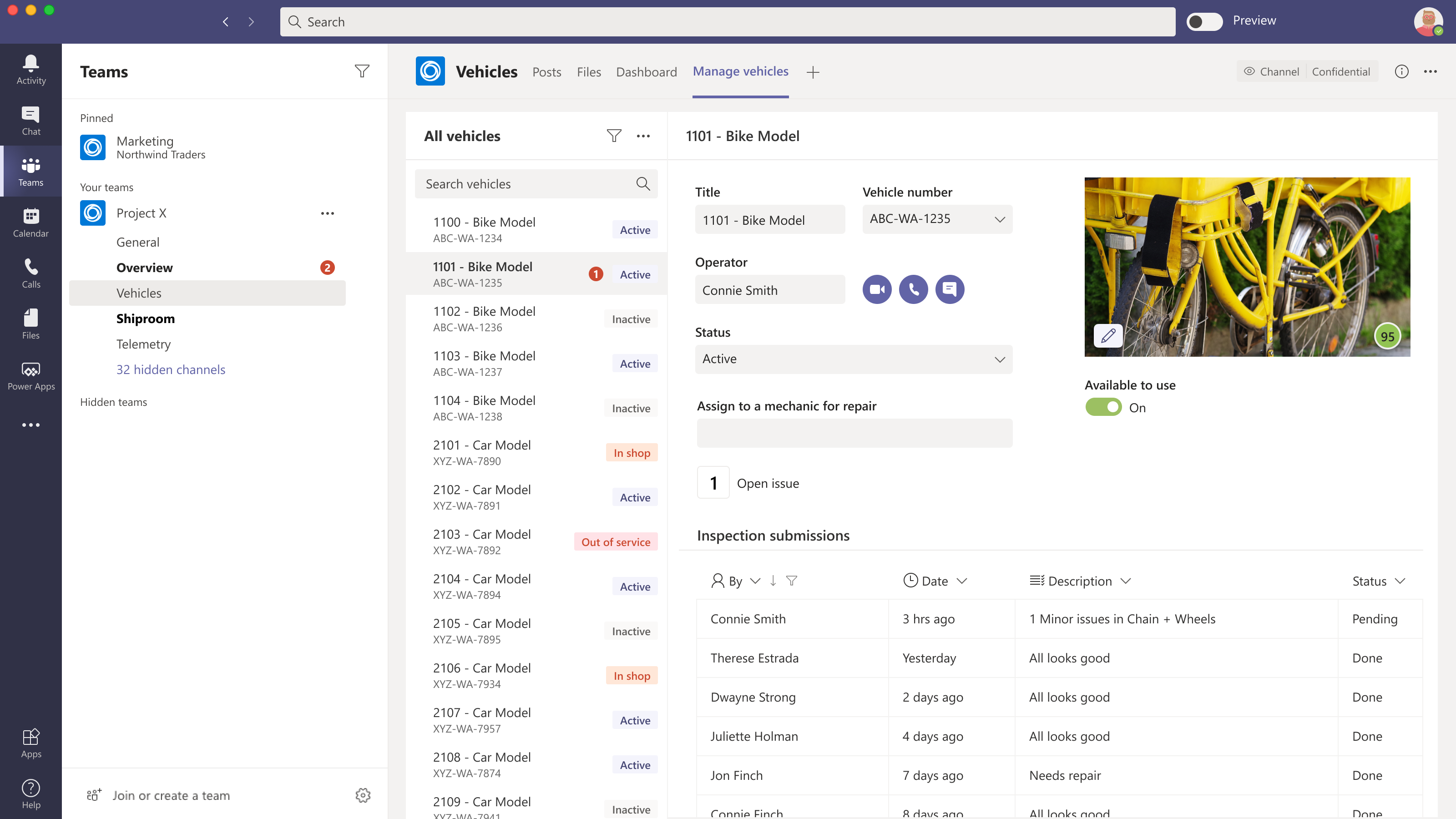 Manage vehicles within Microsoft Teams