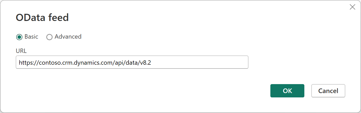 Στιγμιότυπο οθόνης της εμπειρίας λήψης δεδομένων της τροφοδοσίας OData με τη διεύθυνση CRM να έχει καταχωρηθεί στη διεύθυνση URL.