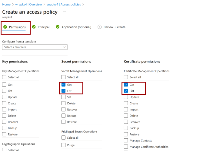 Screenshot that shows how to add access policies for your Azure key vault.