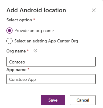 Screenshot that shows how to create a new app center location in wrap wizard.