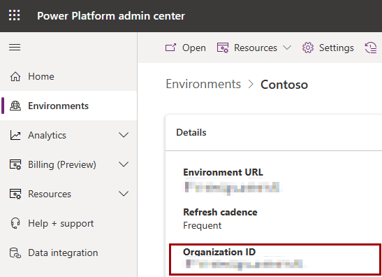 Screenshot that shows the organization ID that you can find in your environment in Power Platform admin center.