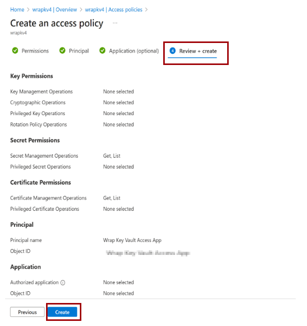 Screenshot that shows how to review and create the vault access policy.