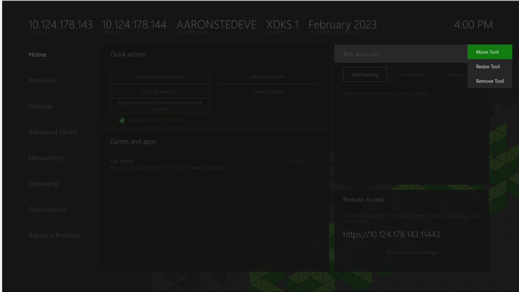 Screenshot of the DEV HOME page showing the Move option highlighted.
