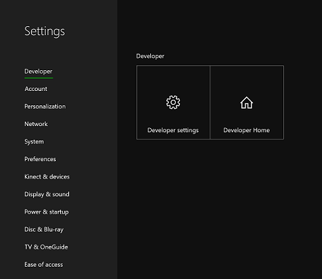 Screenshot of the Developer page in Settings.