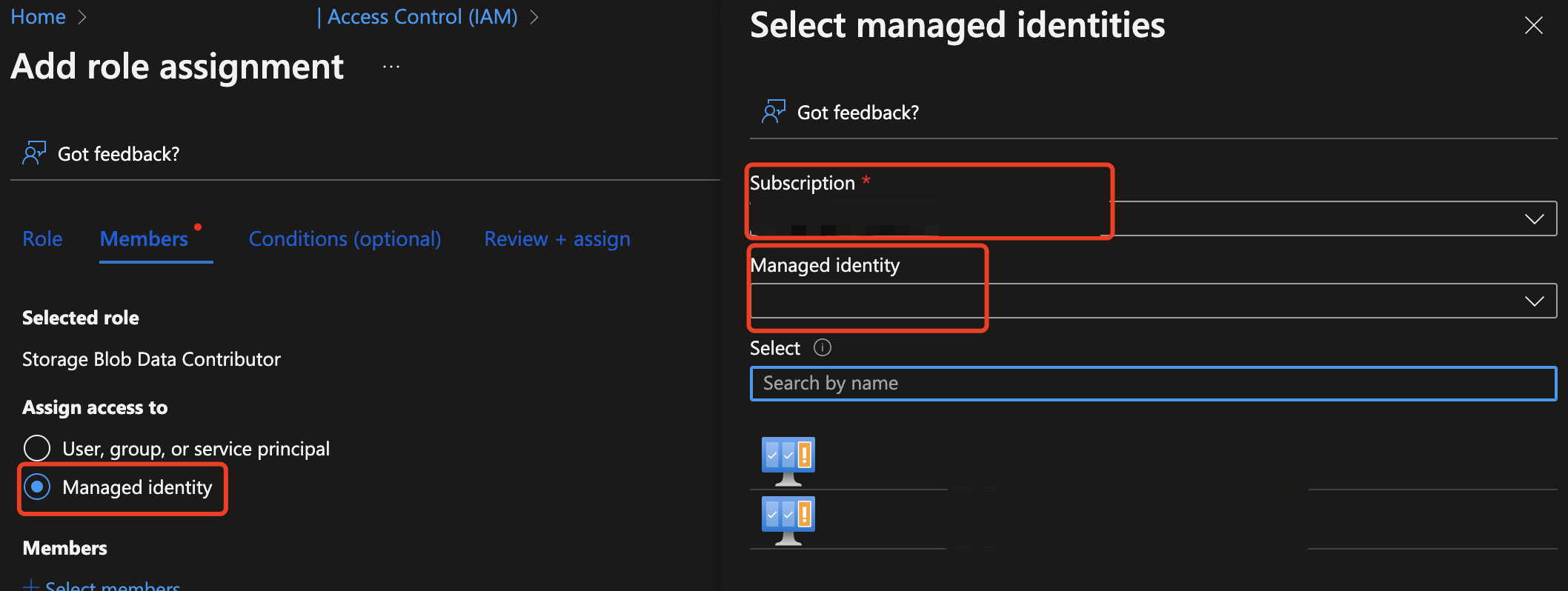 Screenshot of the managed identity role.