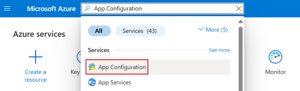 Screenshot of the Azure portal that shows the App Configuration service in the search bar.