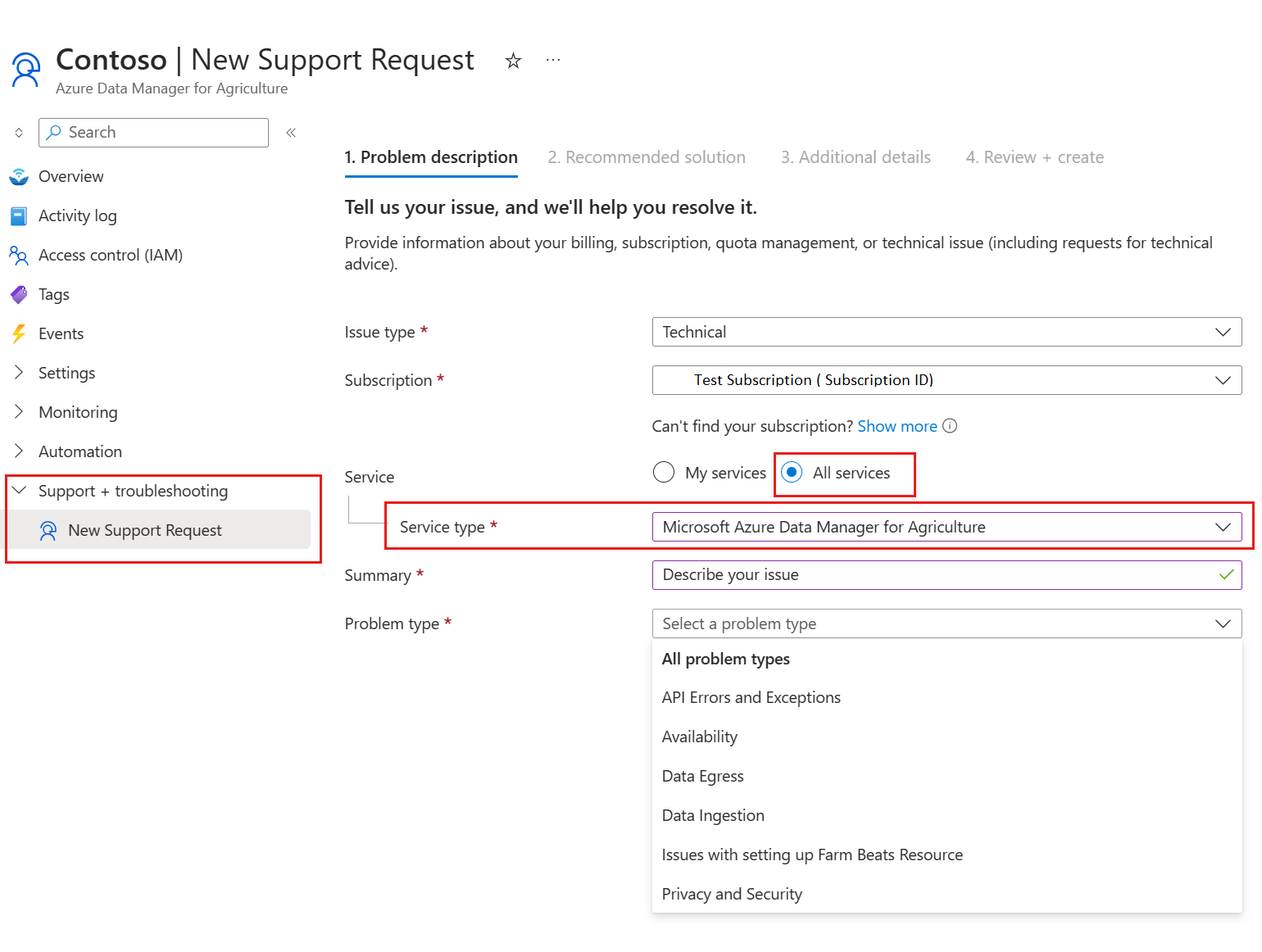 Screenshot of the New Support Request option in the Azure Data Manager for Agriculture resource pane.