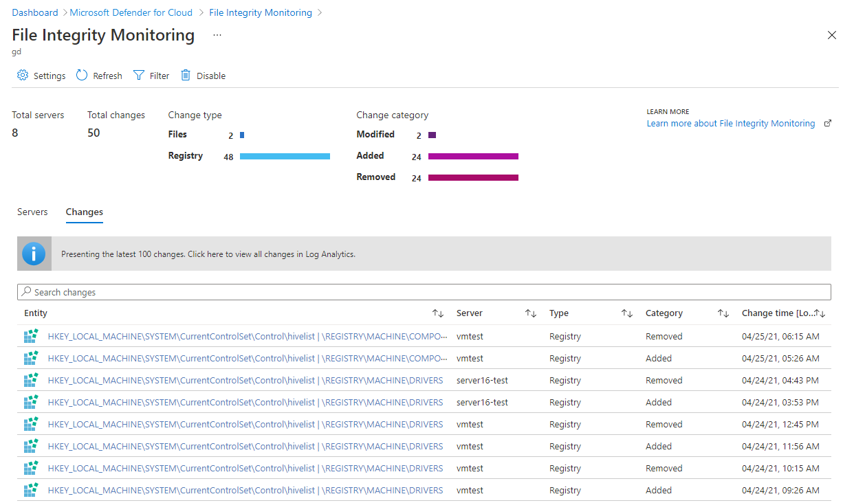 Microsoft Defender for Cloud's file integrity monitoring changes tab