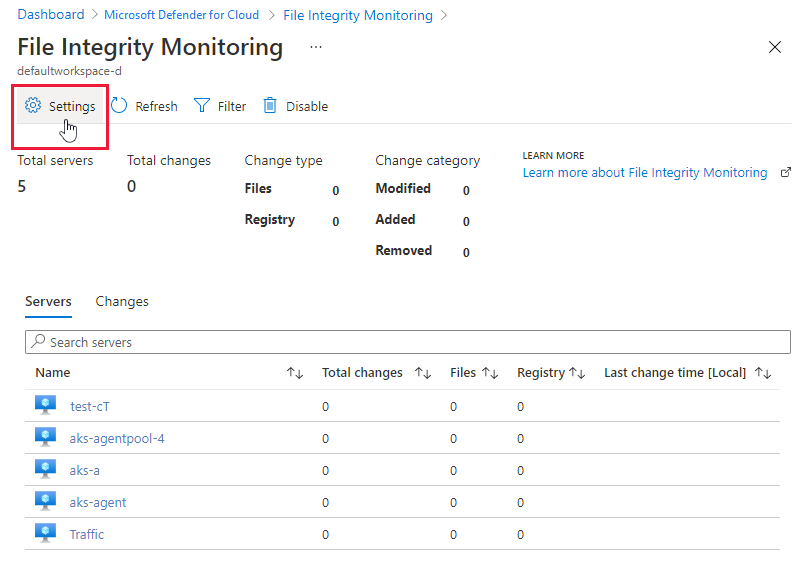 Accessing the file integrity monitoring settings for a workspace.