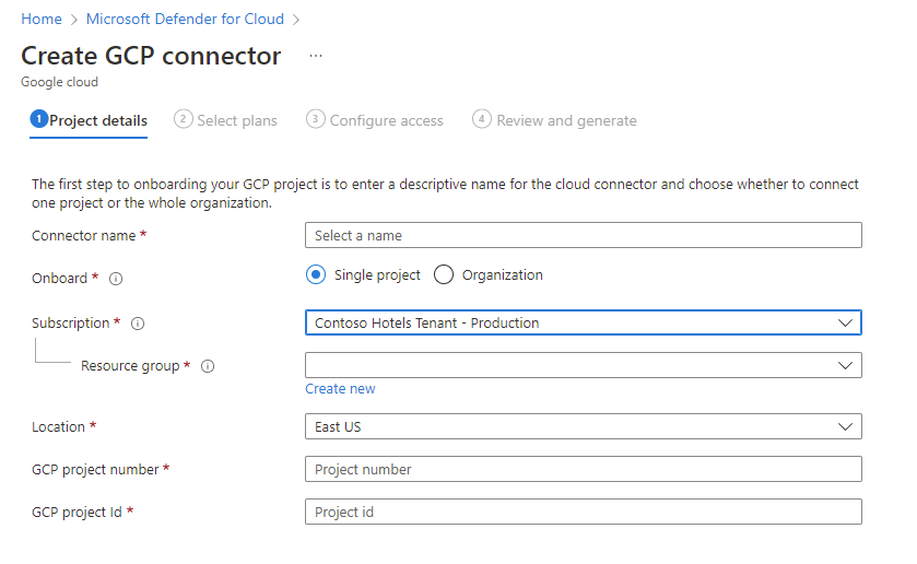 Screenshot of the Create GCP connector page where you need to enter all relevant information.