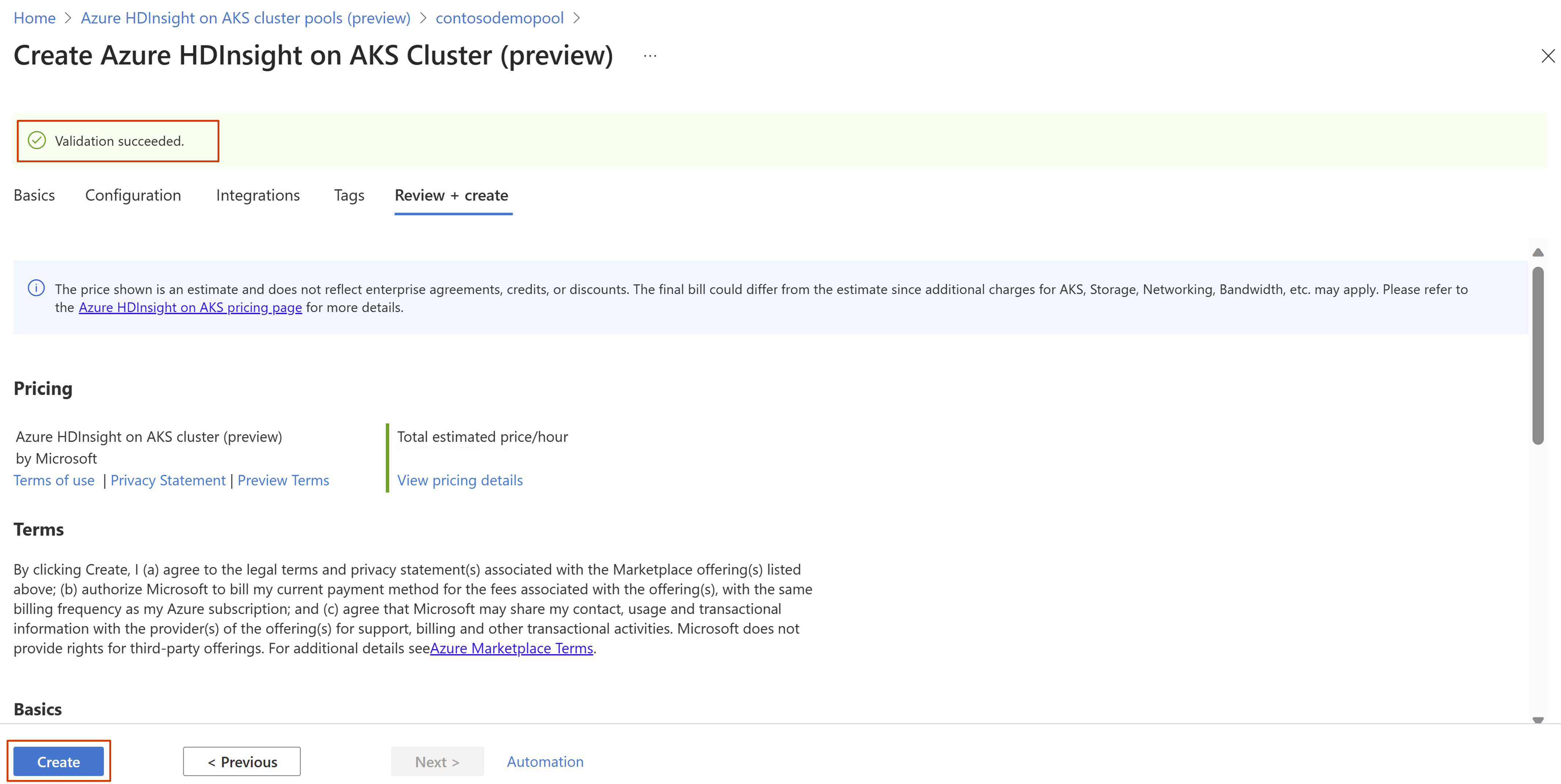 Screenshot showing cluster review and create tab.
