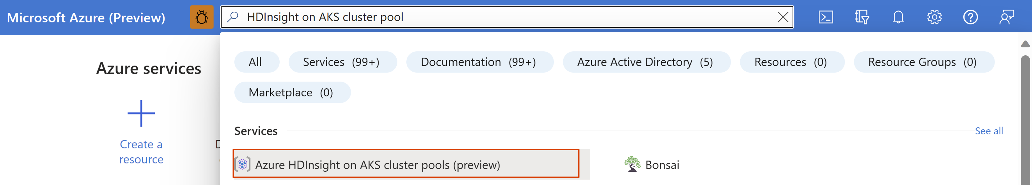 Screenshot showing search bar in Azure portal.