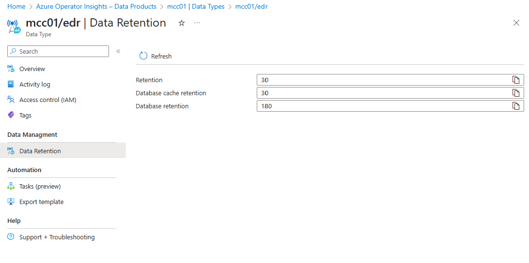 Screenshot of Data Types Data Retention portal page.