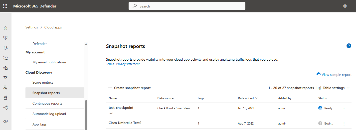 Screenshot of a the Snapshot reports page.