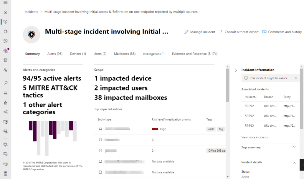 Example of the Summary page for an incident in Microsoft 365 Defender