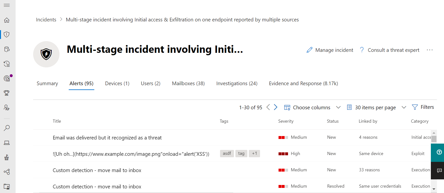 Example of the list of alerts for an incident