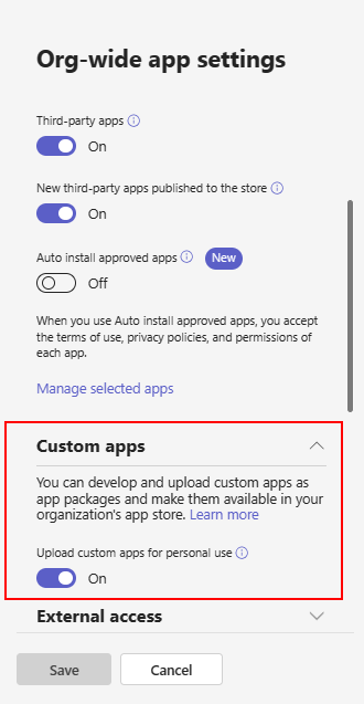 Screenshot shows the org-side app settings for custom app upload.