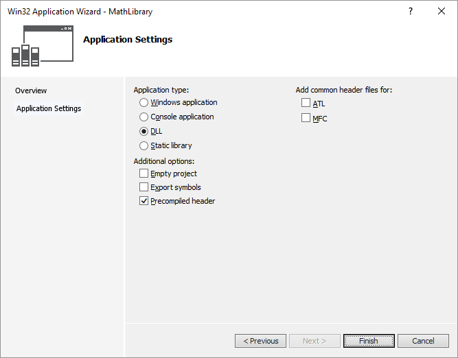 Screenshot of the Win32 Application Wizard Application Settings Page.
