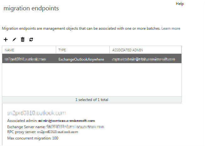 Screenshot of the migration endpoint properties.
