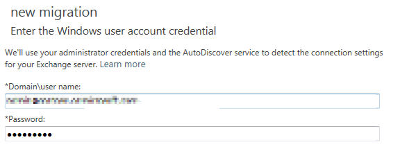 Screenshot of the Enter the Windows user account credential page for staged migration.