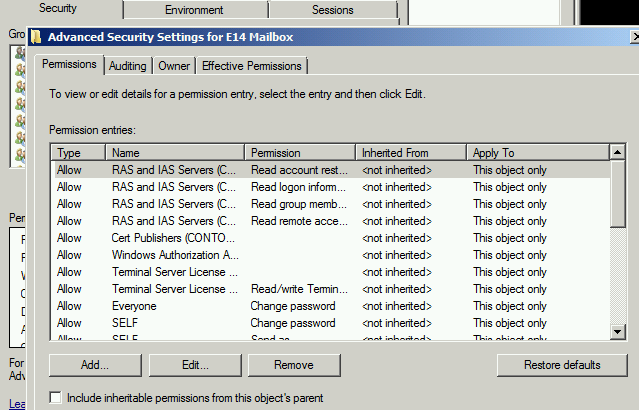 Screenshot of the Advanced Security Settings for Mailbox window.