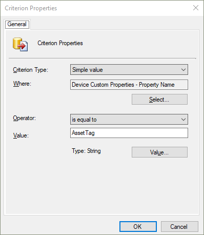 Criterion Properties window for Device Custom Properties PropertyName.