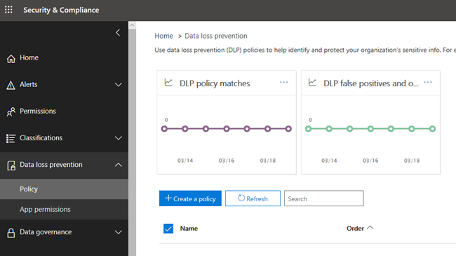 Data loss prevention page in the Office 365 Security & Compliance Center.