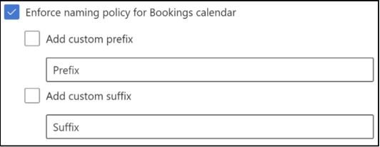 Screenshot that shows enabling the naming policy to define a Prefix and Suffix for all calendars in your organization.