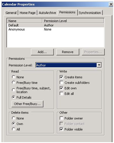 Screenshot for default Permission Level value in Calendar Properties dialog box.