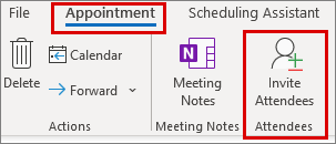 Screenshot that shows the Invite Attendees option on the Appointment tab.