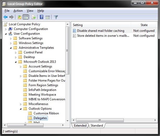 Screenshot of the Local Group Policy Editor for Outlook 2013.