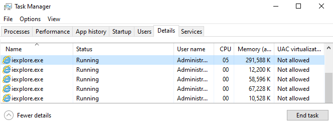 Screenshot shows information under Details tab in Task Manager.