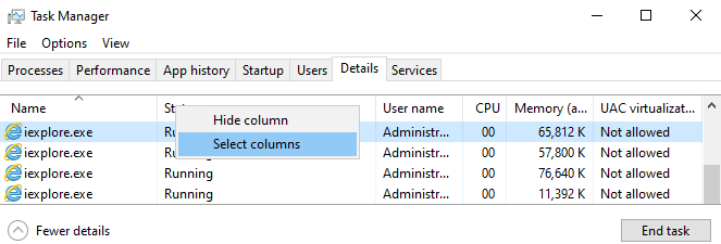 Screenshot shows the Select columns entry item above the Status column header.