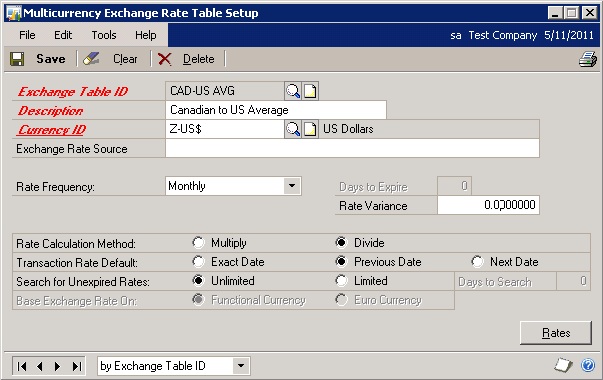 Screenshot of Multicurrency Exchange Rate Table Setup window for an Average table.