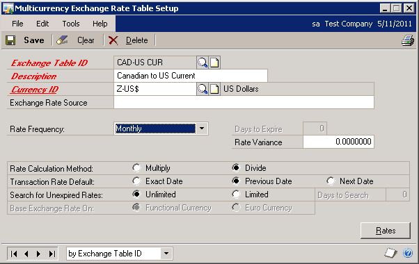 Screenshot of the Multicurrency Exchange Rate Table Setup window for a current table.