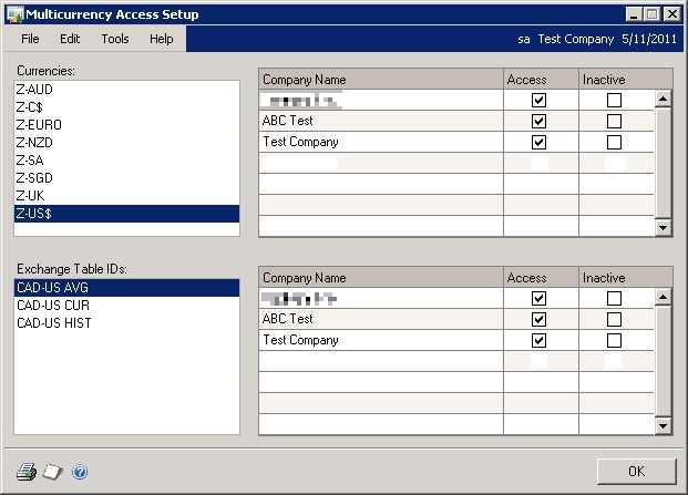 Screenshot of Multicurrency Access Setup window.