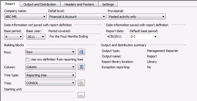 Screenshot of an example report definition on the Report tab.