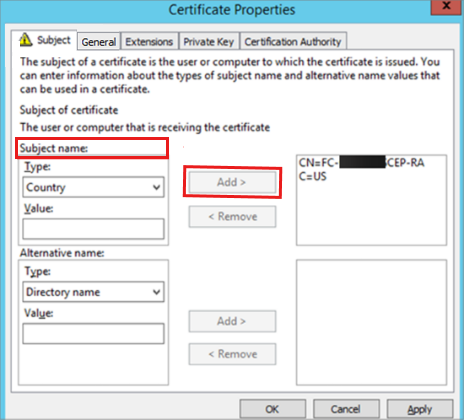 Screenshot of the Subject tab in Certificate properties window.