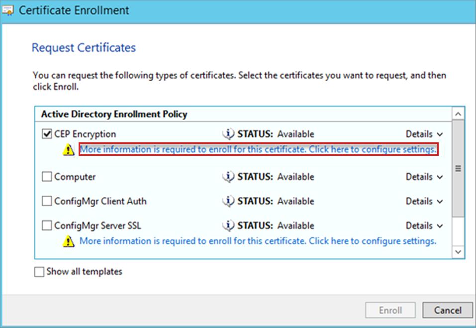Screenshot of the Request Certificate page, where CEP Encryption is selected.