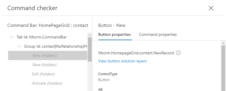 Screenshot shows the New button on the contact entity's grid page isn't visible and is represented by an item labeled New (hidden).