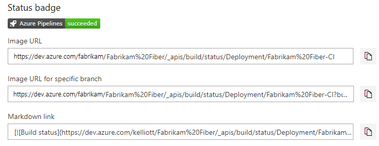Screenshot of classic build properties, status badge section.